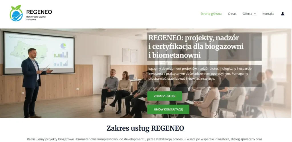 Strona internetowa Regeneo — widok strony głównej