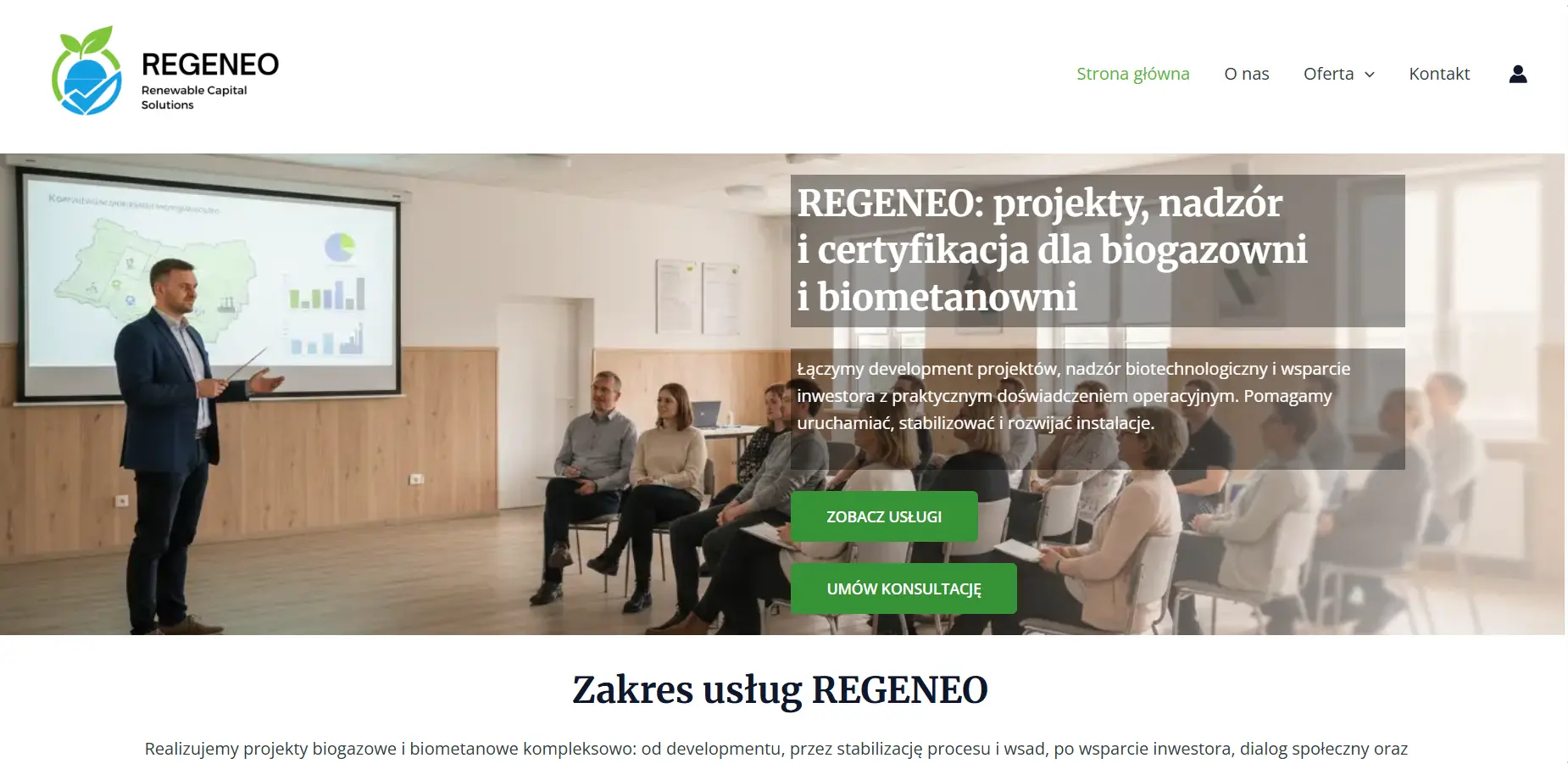 Strona internetowa Regeneo — widok strony głównej